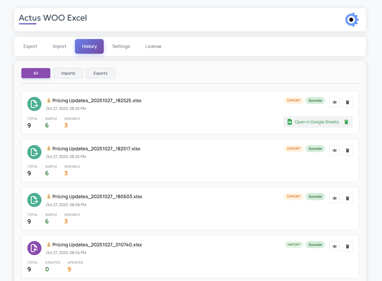 Export History - Track all your exports and imports
